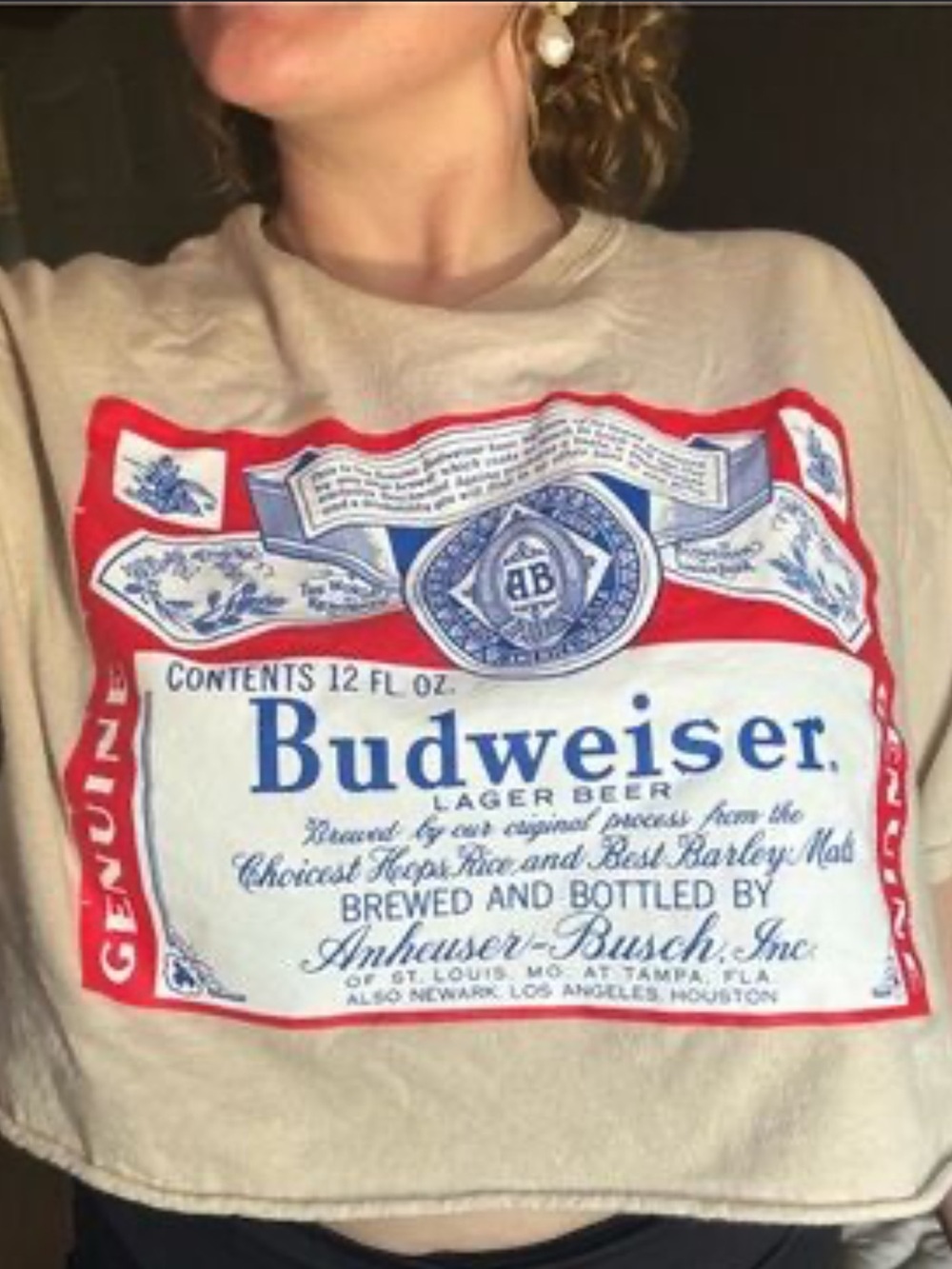 Budweiser Cream Crop Tee with Red & Blue Logo
